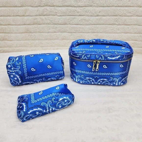 Blue Or Black Bandana Hard Case Make - Up Bag Purse Set of 3 per color - Picture 2 of 16